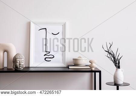 Scandinavian Composition With Mock Up Poster Frame, Black Consola, Decoration, Dried Flowers In Whit