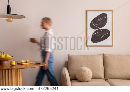 Interior Design Of Aesthetic And Elegant Room With Woman In Dress, Mock Up Poster Frame, Round Table