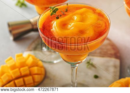 Mangonada Margarita Coctail, Frozen Mango Margarita With Chamoy