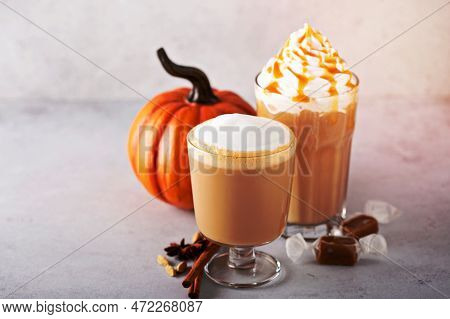 Pumpkin Spice Latte And Caramel Iced Coffee, Fall Seasonal Drinks
