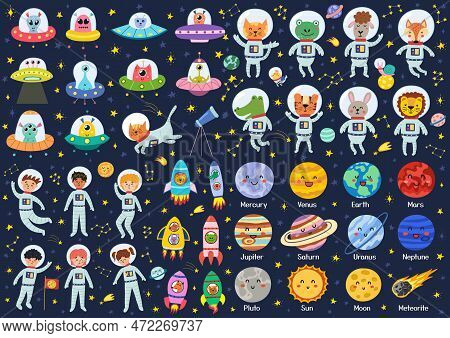 Big Space Collection With Cute Characters. Space Bundle In Cartoon Style