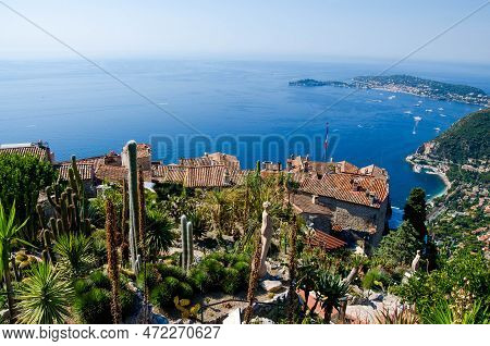 The View From The Village Of Eze On The French Riviera Coast. In The Middle Of The Botanical Garden 