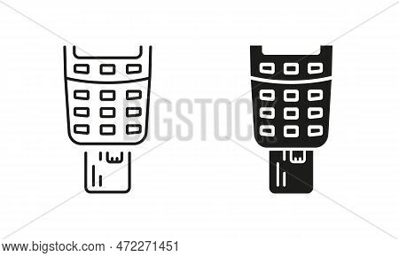 Payment Terminal With Inserted Credit Card Line And Silhouette Icon Set. Bank Service Financial Tran