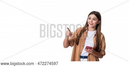 Teen Girl Blogging On Blog, Copy Space. Teen Girl Has Blog For Blogging In Studio.