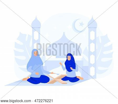 Muslim Mother And Daughter Reading Koran, With Mosque Background,  Flat Vector Modern Illustration