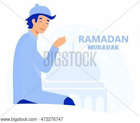 Vector Illustration Of Muslim Offering Namaaz For Eid, Eid Mubarak, Flat Vector Modern Illustration