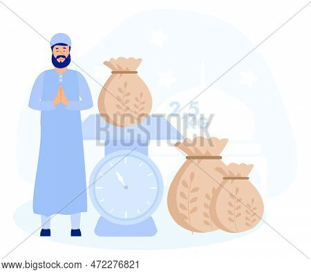 Illustration Of Muslim Paying Zakat, Ramadan Month Activities With Pay Zakat Before Eid Mubarak, Fla