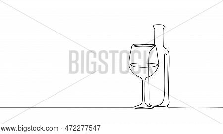 One Line Continuous Vine Bottle Flass Symbol Concept. Silhouette Of Alcoholic Drink Vermouth. Digita