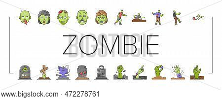 Zombie Horror Scary Dead Evil Icons Set Vector. Monster Creepy, Hand Death, Undead Nightmare, Man Fe