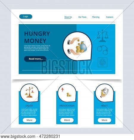 Hungry Money Flat Landing Page Website Template. Unjust, Provocation, Resist. Web Banner With Header