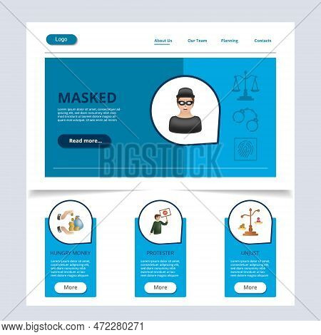 Masked Flat Landing Page Website Template. Hungry Money, Protester, Unjust. Web Banner With Header, 