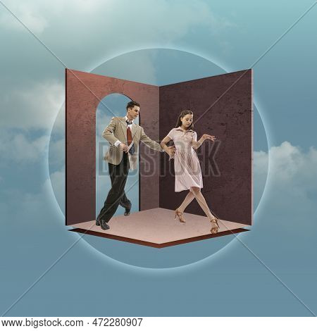 Contemporary Art Collage. Creative Design. Man, Woman, Young Couple In Retro Stylish Clothes Dancing