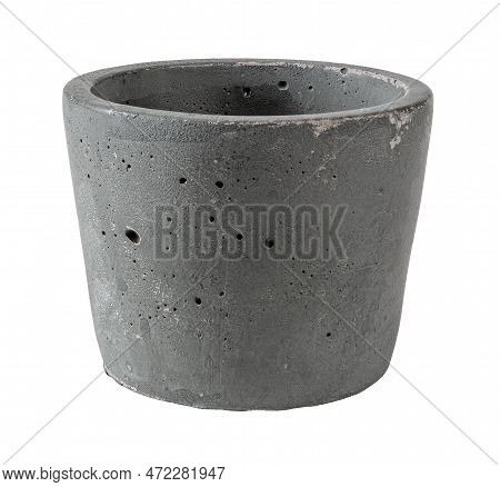 Empty Flower Pot In Loft Style Cutout. Rough Textured Plant Pot Isolated On A White Background. Gray