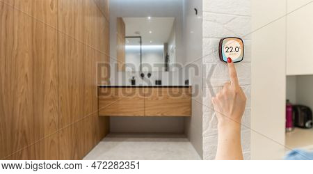 Smart Home Banner. Iot House Automation Domotics Panoramic. Technology Thermostat Device With App Ic