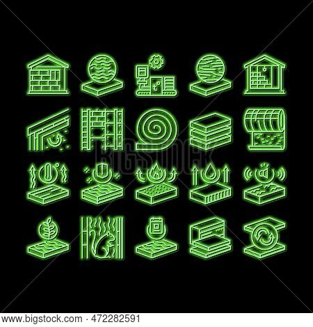 Mineral Wool Material Neon Light Sign Vector. Glass And Basalt Mineral Wool, Thermal And Noise Insul