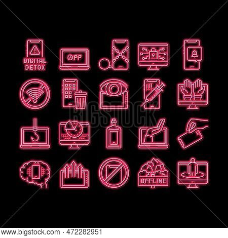 Digital Device Detox Neon Light Sign Vector. Wifi And Smartphone Crossed Out Mark, Off Screen Laptop