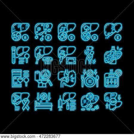 Hepatitis Liver Health Problem Neon Light Sign Vector. Cirrhosis And Hepatitis Type, Pale Stool And 