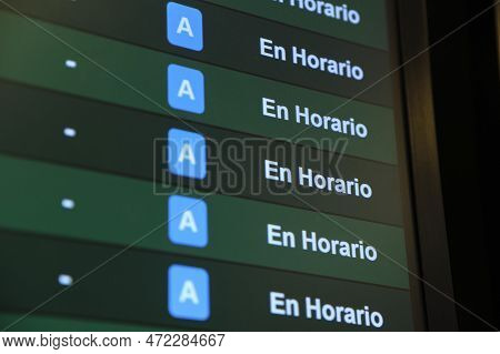 Buenos Aires, Argentina, November 18, 2022: Screen With Information On International Flight Departur