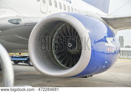 Buenos Aires, Argentina, November 18, 2022: Turbine Of A Boeing 737-700 Jet Of Aerolineas Argentinas
