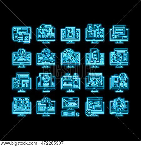 Software Program Development Neon Light Sign Vector. Freeware Download And Upload For Sharing, Progr