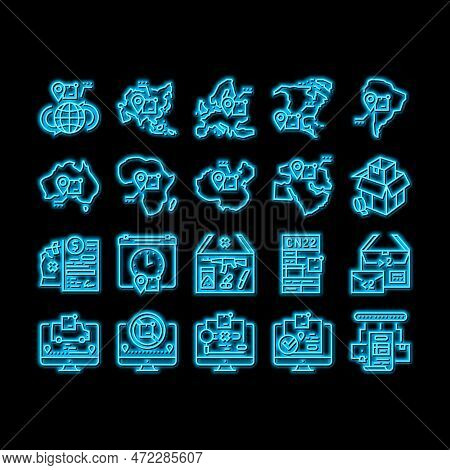 Shipment Tracking International Neon Light Sign Vector. Middle East And Europe, China And Africa, Au