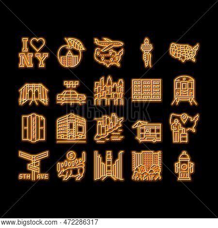 New York American City Landmarks Neon Light Sign Vector. Square And 5th Avenue, Central Park And Bro