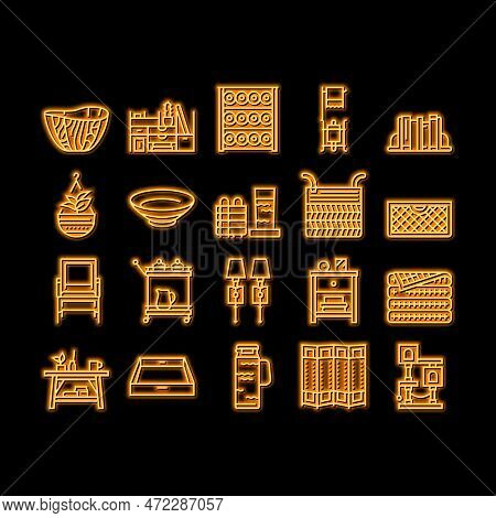 Home Decoration And Furniture Neon Light Sign Vector. Bookends And Rattan Patio Home Decoration, Noo