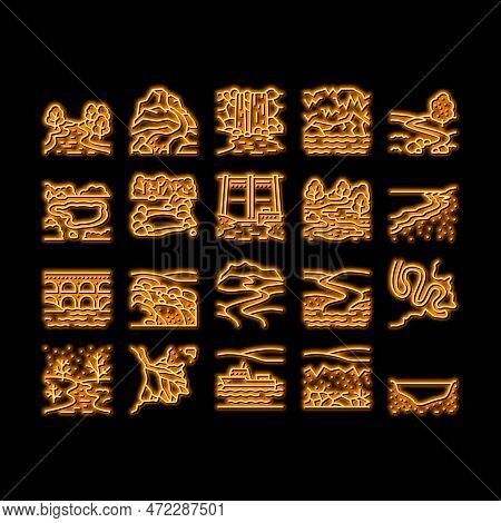 River And Lake Nature Landscape Neon Light Sign Vector. River Mouth And Delta, Sea Shore And Pond In