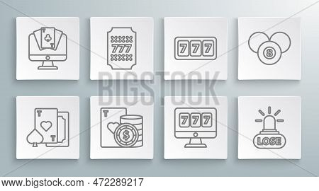 Set Line Playing Card With Heart, Slot Machine Lucky Sevens Jackpot, Casino Chip And Playing Cards, 
