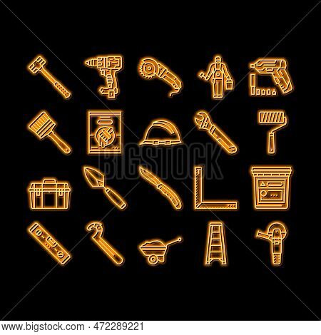Building Tool Hammer Repair Drill Neon Light Sign Vector. Home Saw, Construction Screwdriver, House 