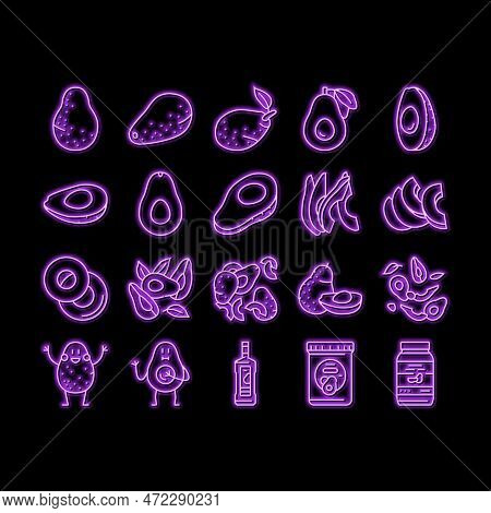 Avocado Food Green Half Neon Light Sign Vector. Vegetable Slice Fresh, Healthy Organic Seed, Tropica
