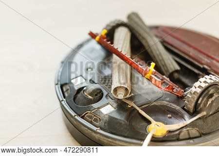 Robot Vacuum Cleaner On Laminate Wood Floor, Smart Robotic Automate Wireless Cleaning Technology Mac