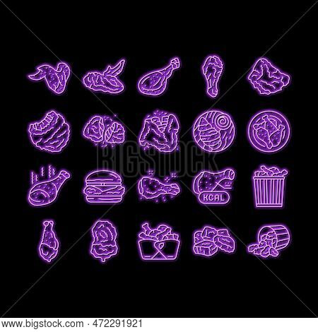 Chicken Crispy Food Meat Meal Neon Light Sign Vector. Fast Delicious, Wing Fried, Snack Crunchy, Leg
