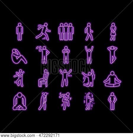 Stickman Man People Silhouette Neon Light Sign Vector. Pictogram Human, Stick Person, Figure Posture
