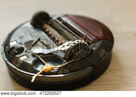 Robot Vacuum Cleaner On Laminate Wood Floor, Smart Robotic Automate Wireless Cleaning Technology Mac