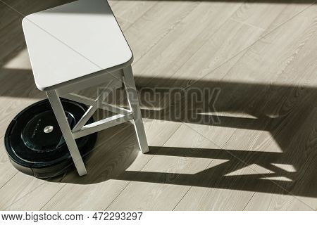 New Clean Robot Vacuum Cleaner On Laminate Wood Floor, Smart Robotic Automate Wireless Cleaning Tech