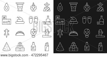 Set Line Burrito, Cactus, Tequila Bottle And Glass, Burning Candle On Skull, Snake, Mexican House, A