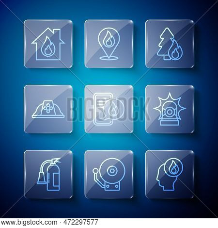 Set Line Fire Extinguisher, Ringing Alarm Bell, Firefighter, Burning Forest Tree, Phone With Emergen