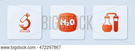 Set Chemical Formula H2o, Microscope And Test Tube. White Square Button. Vector
