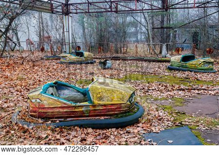 Abandoned Bumper Cars In The Amusement Park Of Pripyat City In Chernobyl Exclusion Zone, Ukraine