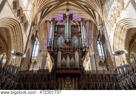 Exeter.devon.united Kingdom.february 19th 2020.photo Of Organ In The Quire Inside Exeter Cathedral