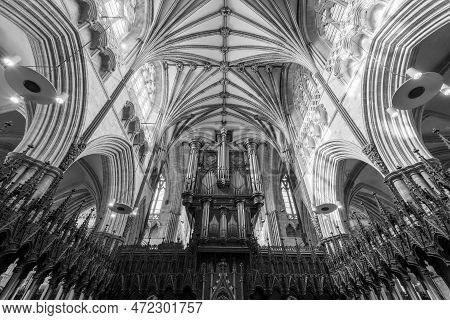 Exeter.devon.united Kingdom.february 19th 2020.photo Of Organ In The Quire Inside Exeter Cathedral