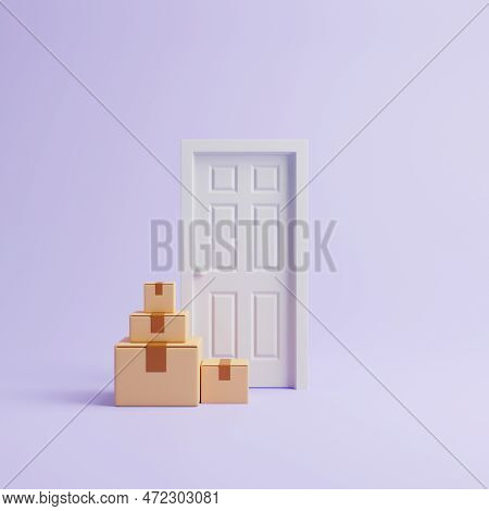 A Group Of Cardboard Boxes Near The Lilac Door On A Pastel Lilac Background. The Concept Of Delivery