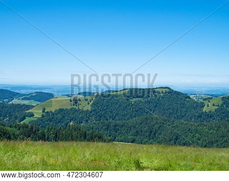 Zurich, Switzerland - June 12th 2022: View Over A Meadow Towards The Hills And Forests In The Zurich