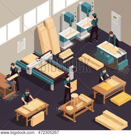 Furniture Production Isometric Composition With Production Of Wooden Goods In The Factory In The Wor