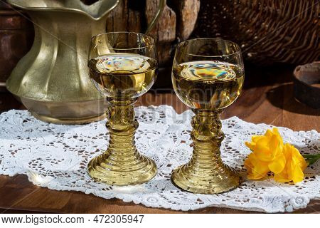 Antique German Glassware, Old Dutch Style Rummer Or Roemer Glasses With White Wine On White Lace Tab