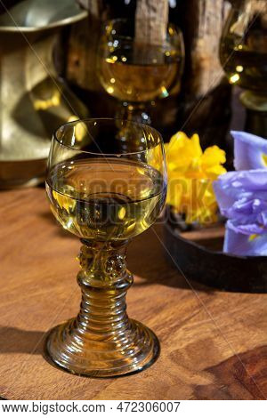 Antique German Glassware, Old Dutch Style Rummer Or Roemer Glasses With White Wine And Flowers