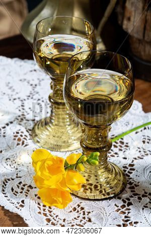 Antique German Glassware, Old Dutch Style Rummer Or Roemer Glasses With White Wine On White Lace Tab