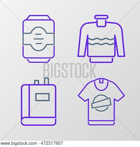 Set Line T-shirt, Book, Sweater And Energy Drink Icon. Vector