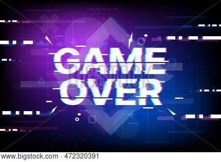 Game Over Screen Glitch Background. Vector Vintage Poster With Digital Glitched Color Pixel Noise On